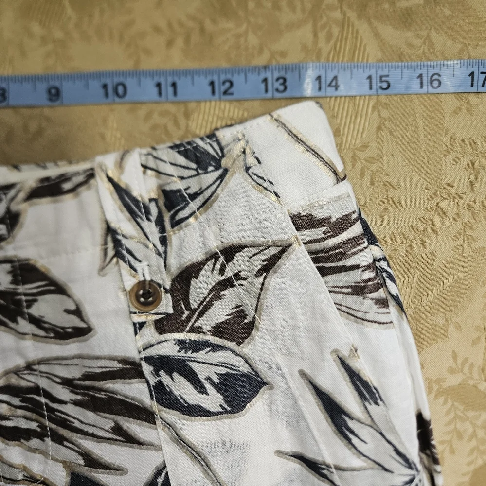 J. Crew Women's Pants Cropped Gold Foil Leaf Garden Pants w/Pockets 100% Linen
